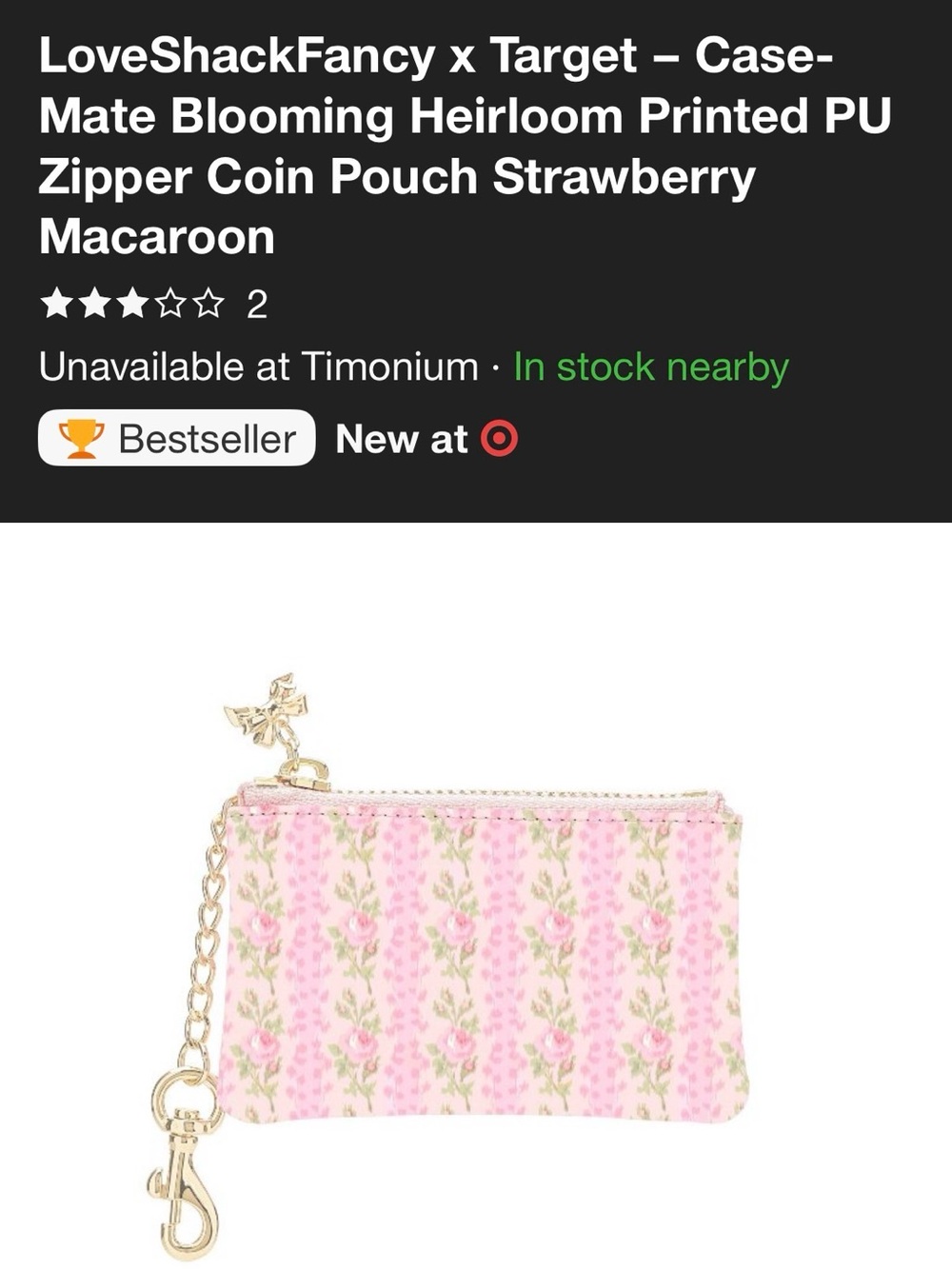 LoveShackFancy Pink Floral Key & Card Pouch Strawberry Macaroon with Gold Bow